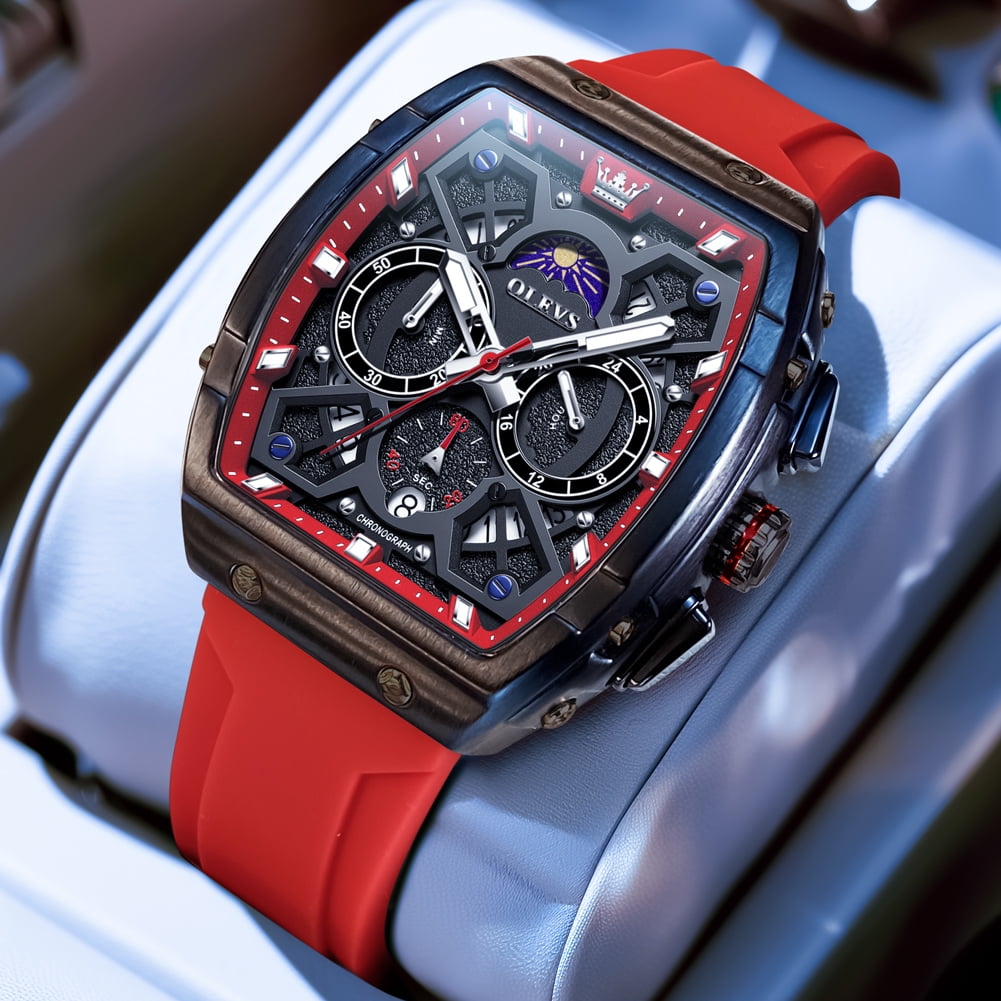 OLEVS Watches for Men Chronograph Waterproof Luxury Dress Quartz Silicon Strap Multifunction Moon Phase Calendar Luminous Men Wrist Watches Reloj Para Hombre Black/Red