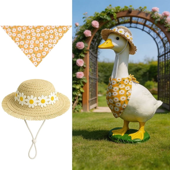 Porch Goose Outfits 2-Piece Summer Daisy Set with Straw Hat and Floral Bandana Fits 19 and 23 Inch Statues for Spring Summer Front Porch Decor 2 Colors Available