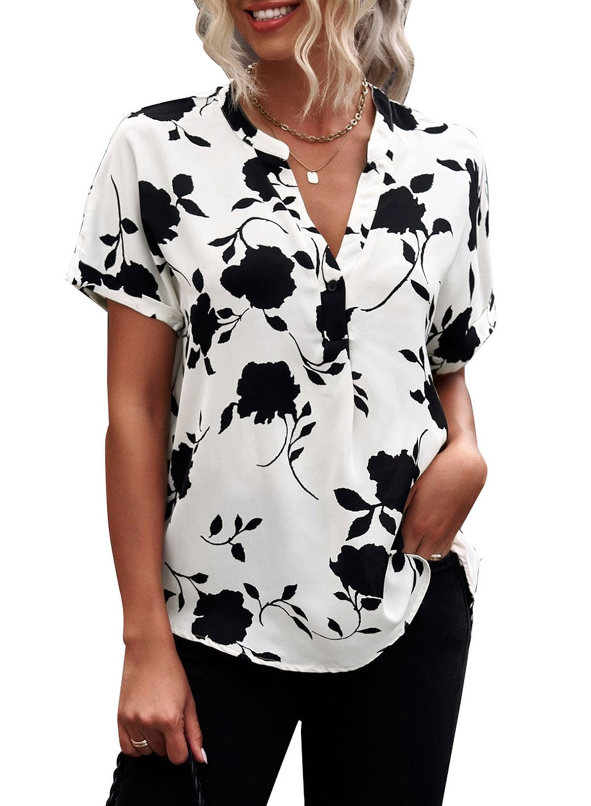 Dokotoo Women's Floral Printed Blouses Casual Loose V Neck Short ...