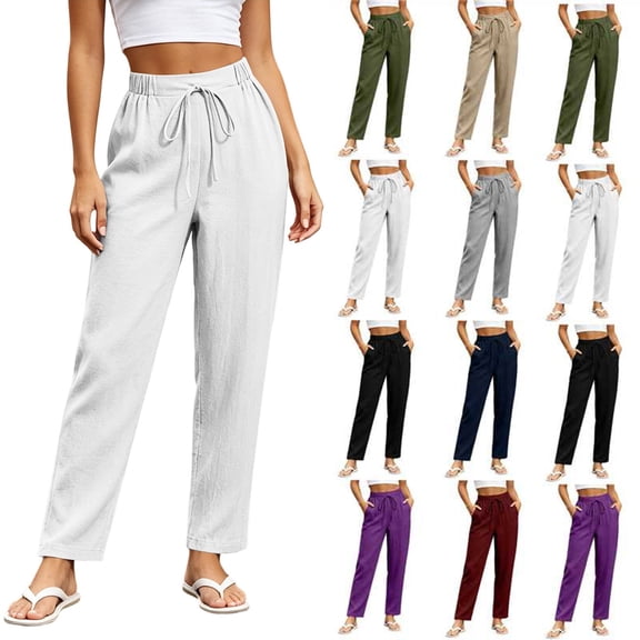 Women's Elastic High Waist Pants Drawstring Linen Ankle Solid Color Pants Casual Slim Tapered Cropped Trousers with Side Pockets, Lightweight Straight Leg Vacation Jogger Pants