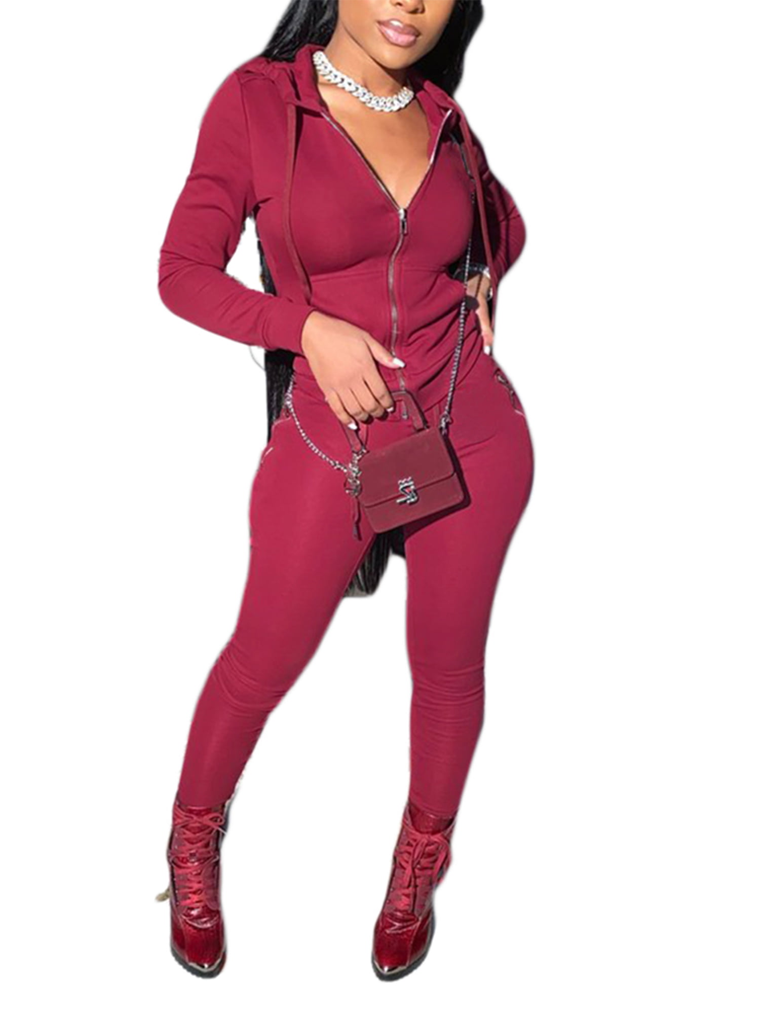 Womens Casual Solid 2 Pieces Outfits Long Sleeve Zipper Jacket High Waist Skinny Long Pants Jumpsuit Set Plus Size 