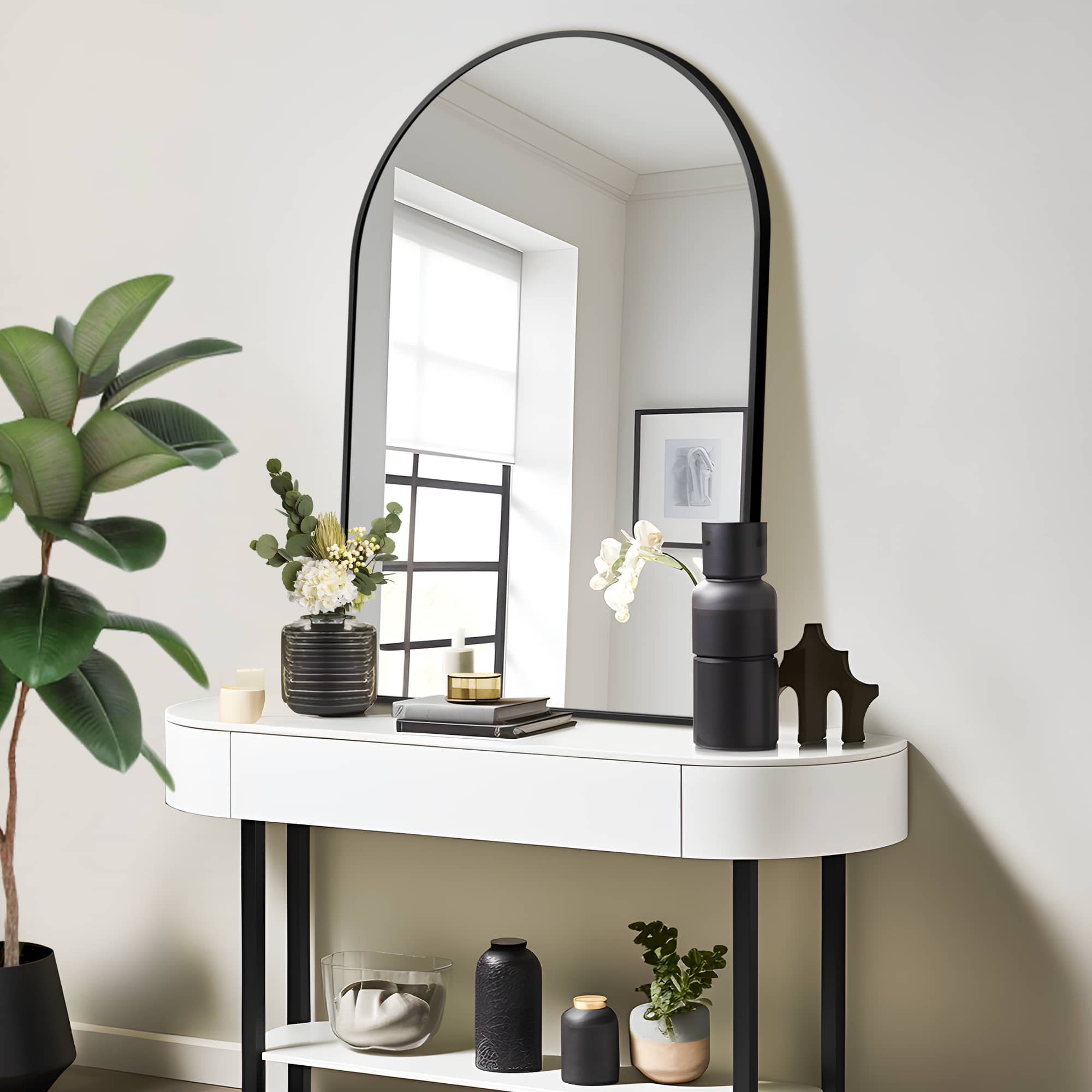 36"x 24" Aluminum Alloy Thin Edge Arched Bathroom Hanging Mirror,Black