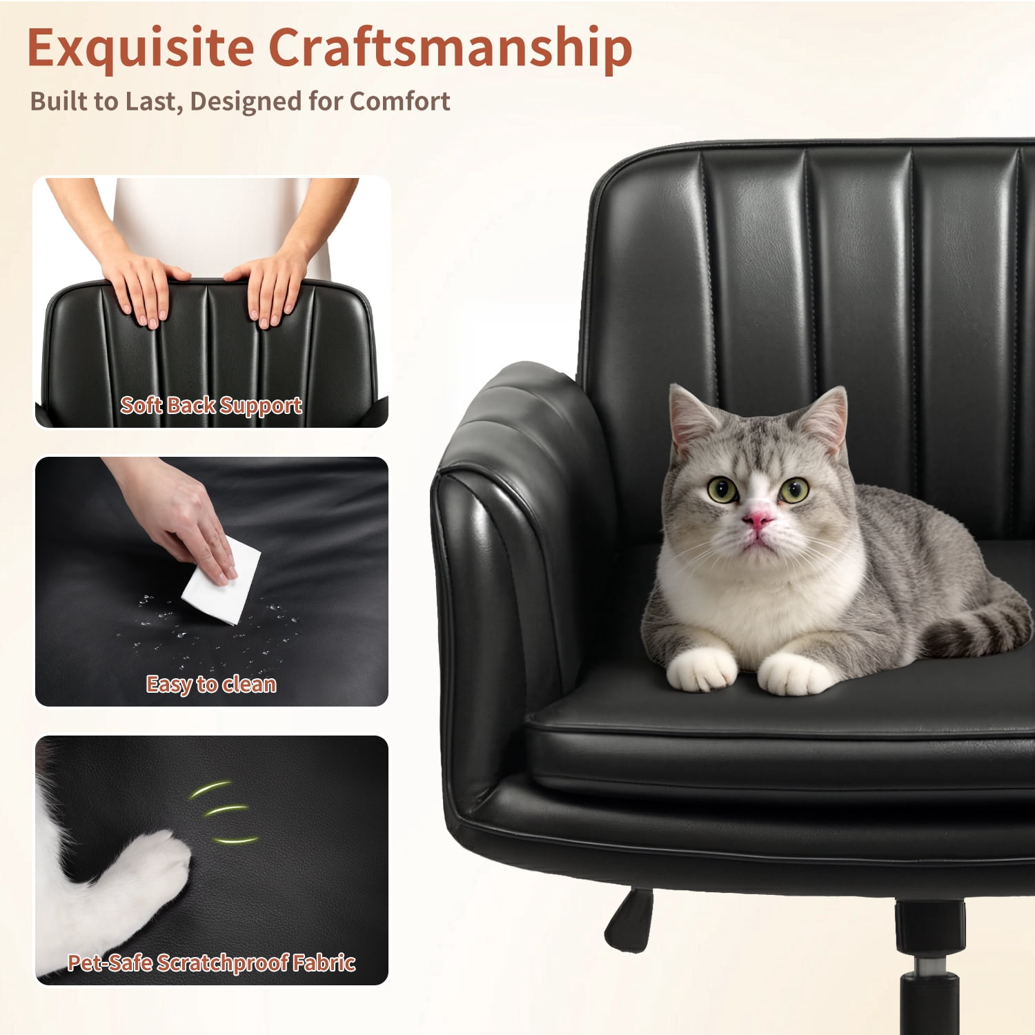 BOSSIN Black Criss Cross Chair with Armrests & Wheels,Foldable Armrest PU Leather Vanity Chair – Thickened Swivel Office Desk Chair for Home, Makeup Room & Bedroom