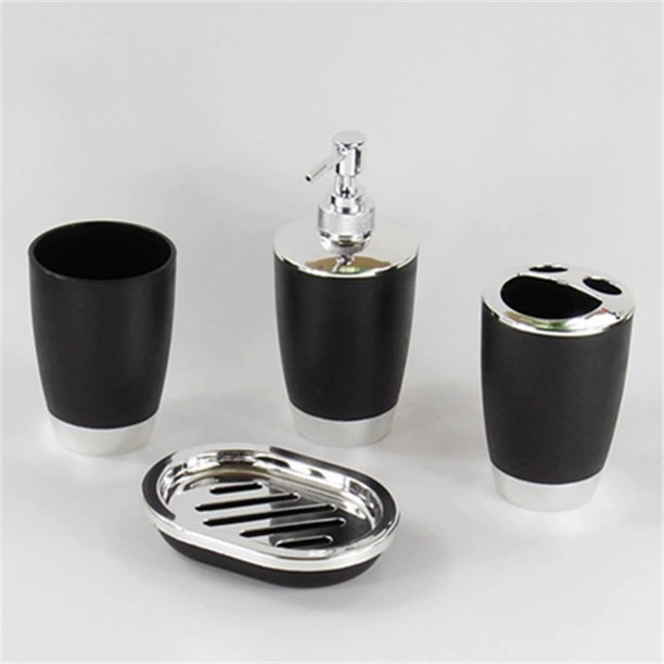 Xiao Hua Juego de baño negro, juego de accesorios de baño, 4 piezas, juego de baño de plástico