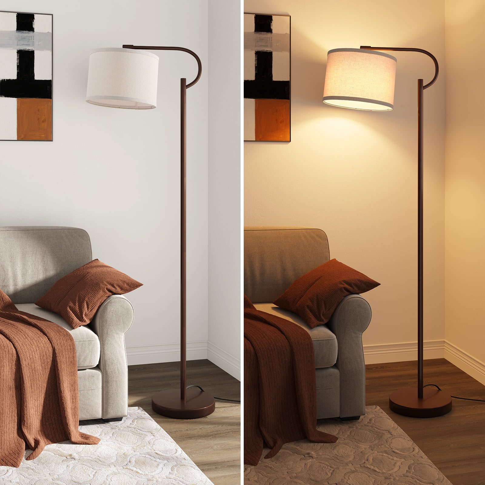 SUNMORY Arc Floor Lamps for Living Room, Dimming Standing Lamp with Linen Shade, 63" Tall lamp with 3 Color Temperature LED, Metal Modern Floor Lamps for Bedroom, Office, Bulb Included, Brown