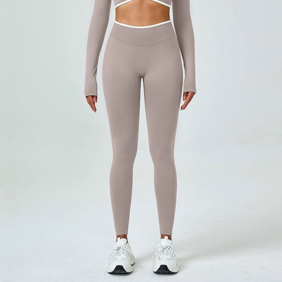 Women's Solid Color High Waisted Yoga Pants, Seamless Butt Lifting Workout Leggings, Tummy Control Non See Through Yoga Tights for Running, Gym and Fitness Beige L