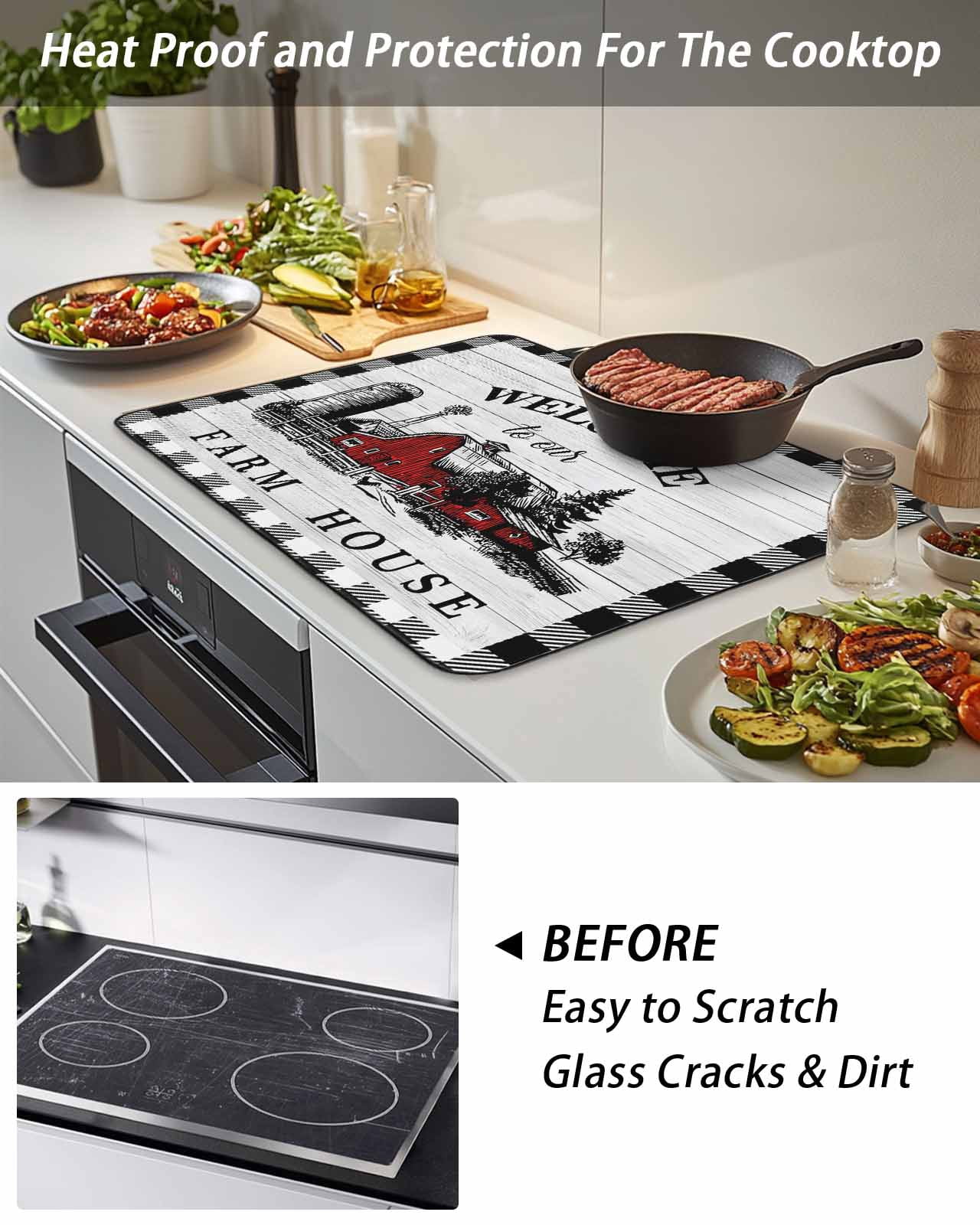Stove Top Covers for Electric Stove, Farmhouse Cabin Glass Stovetop Cover Protector, Country Vintage House Wood Grain Pliad Induction Cooktop Protector Oven Mat for Kitchen Countertop 31"x24"