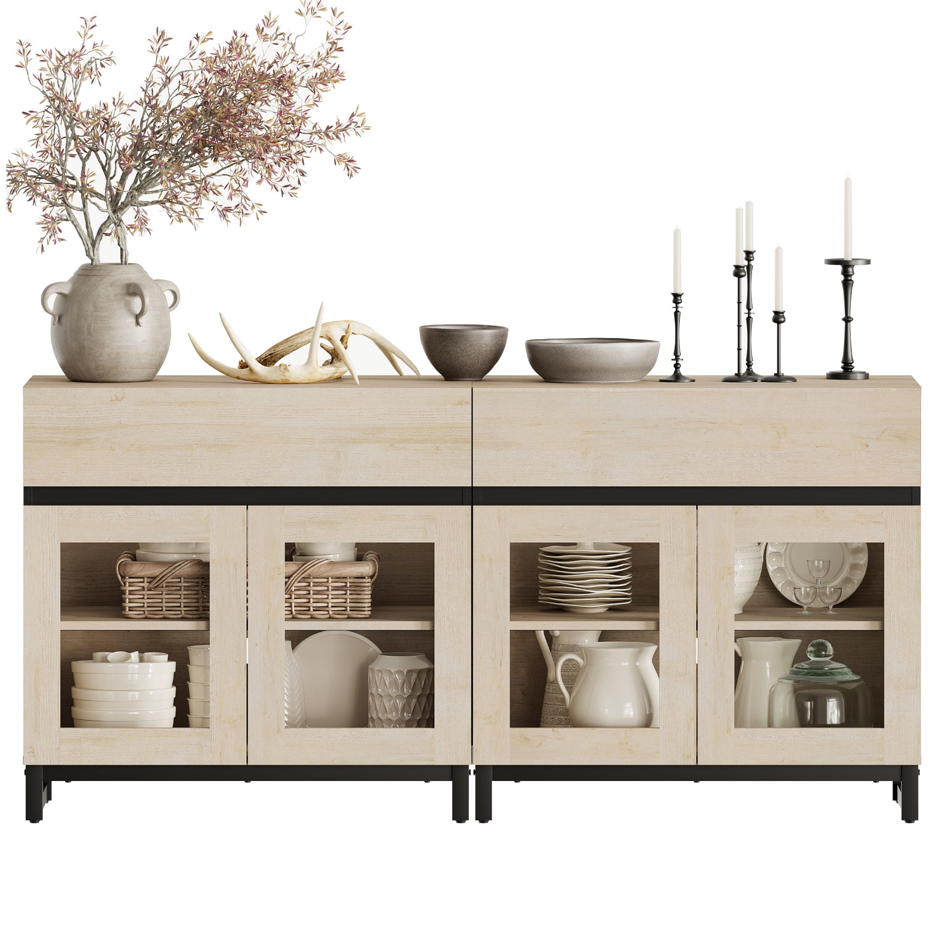 WAMPAT 2-in-1 Modern TV Stand with Glass Doors & 2 Drawers, Metal Base Entertainment Center for 70 Inch TVs, Media Console for Living Room & Bedroom