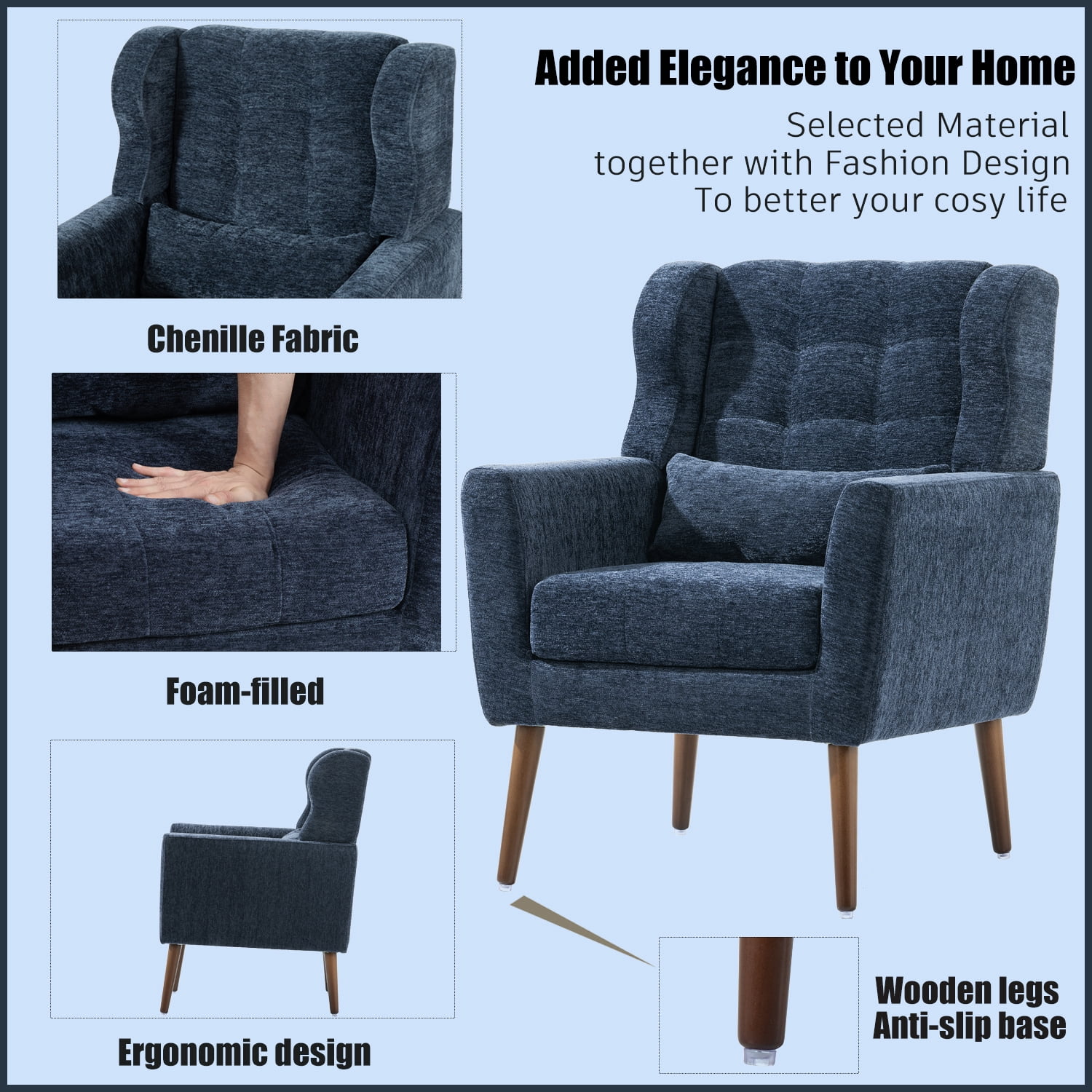 DEALTOPS Upholstered Accent Chair Modern Armchair with Chenille Fabric Lounge for Bedroom-Dark Blue