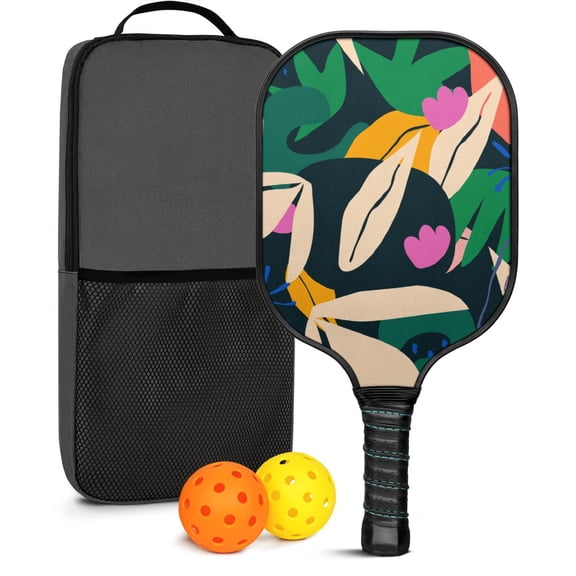 Pickleball Paddles Set Of 1, Fiberglass Surface, Tropical Leaf Print, 1 Paddle, 2 Balls & Bag