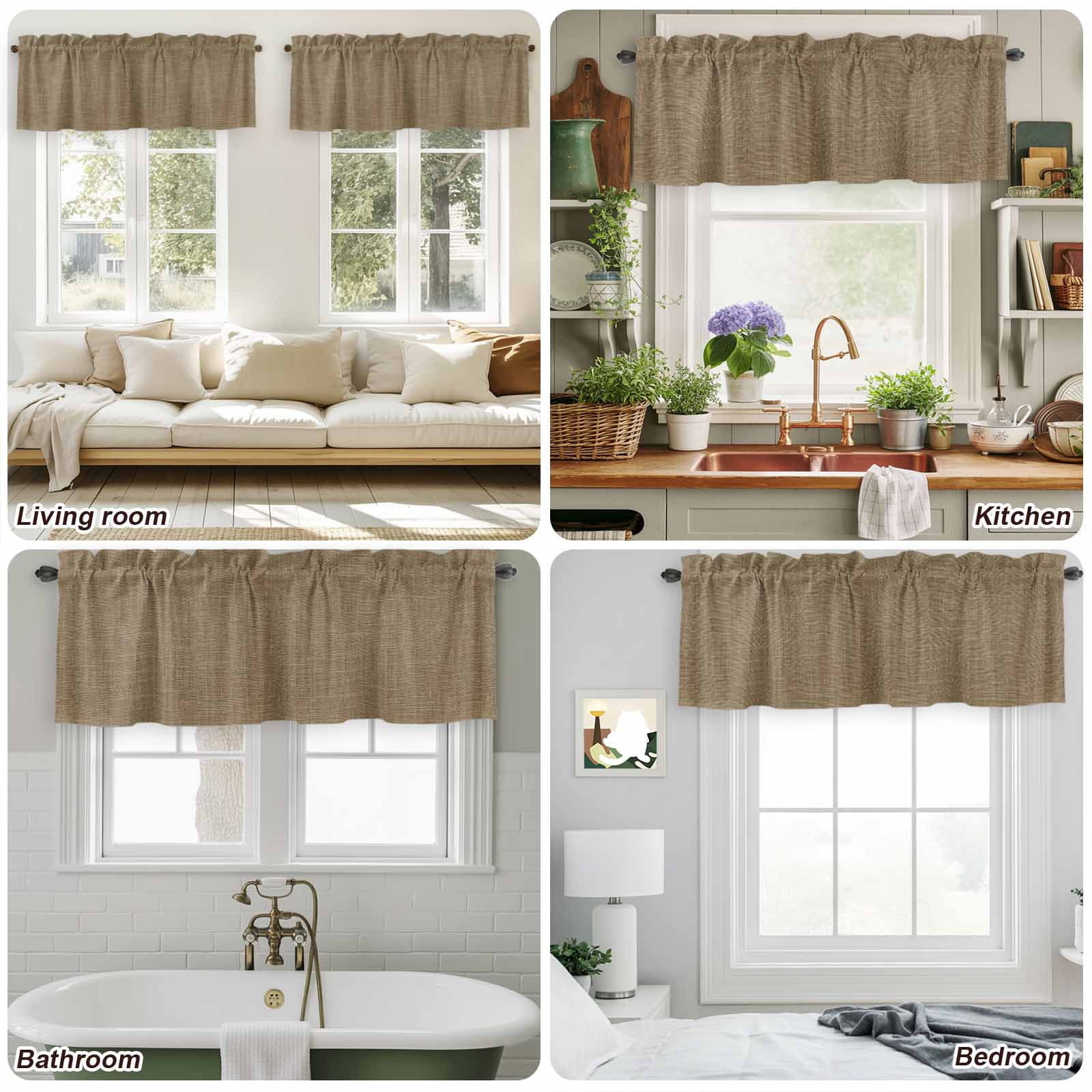 Vintage Brown Curtain Valances for Windows, Kitchen Valance Window Treatments Panel 2 Pack, Farmhouse Retro Dark Solid Color Linen Texture Rod Pocket Short Curtains for Bathroom Bedroom 60 x 18 Inch