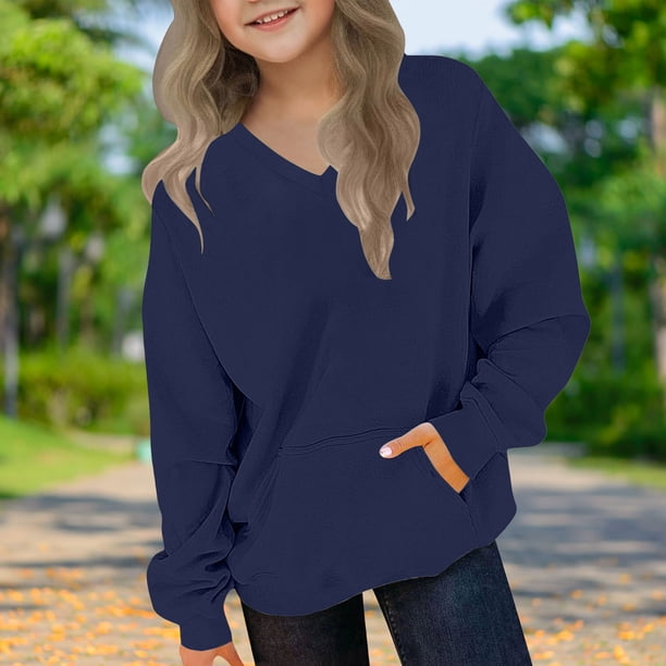 Blusas y camisas de manga larga con cuello redondo para niños y niñas, sudaderas casuales de manga larga, lindas sudaderas de gran tamaño con bolsillo de polar, chaquetas para niñas
