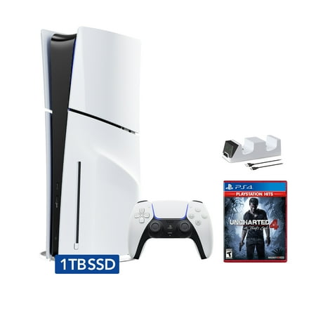 PlayStation 5 Slim Disc Edition Bundle with Uncharted 4 and C-Gamers Dual-Controller Charger - PS5, White