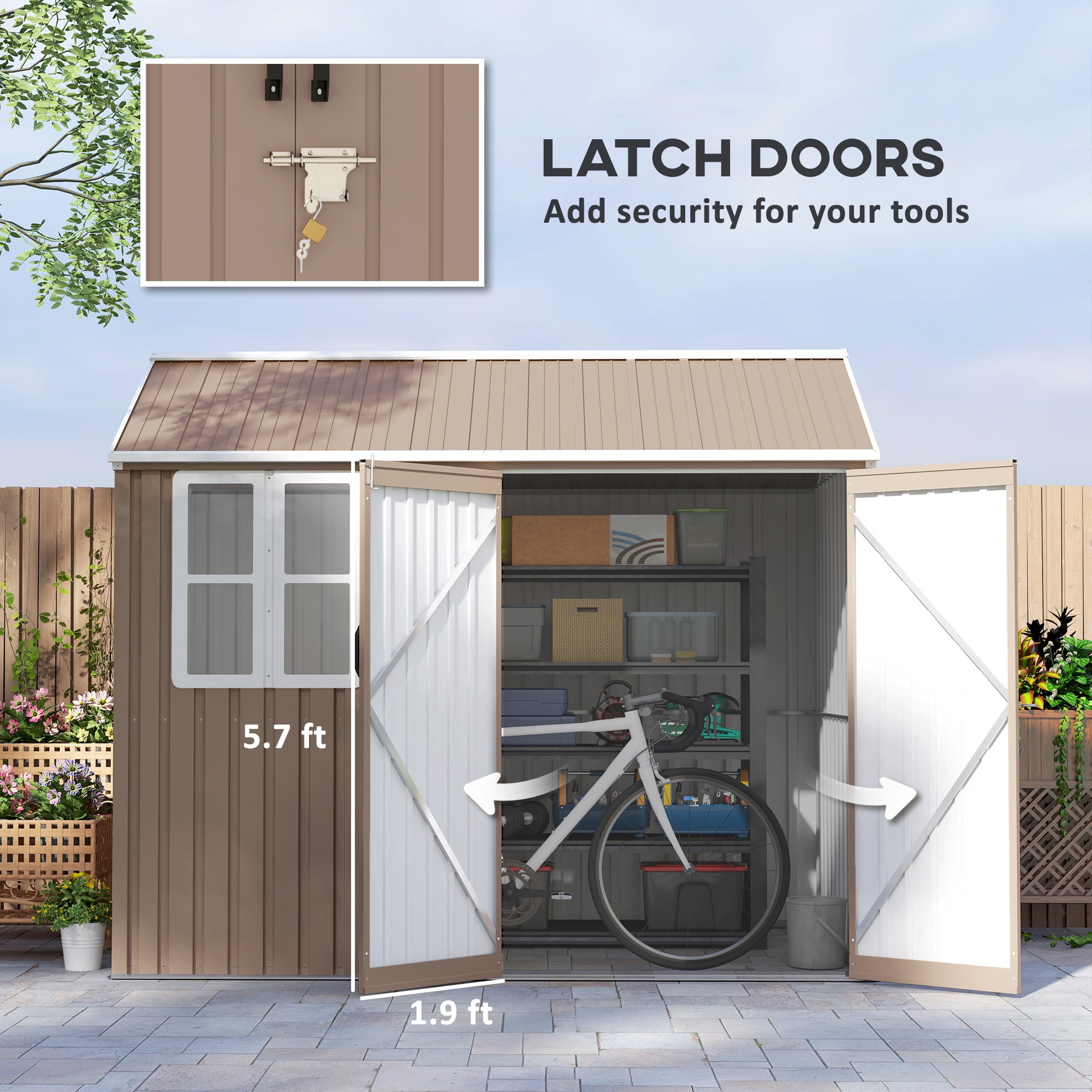 Outsunny 8' x 6' Outdoor Storage Shed, Extra Large Metal Garden Shed with Lockable Doors, Cottage Style 4-Pane Window & Vents, Brown