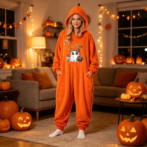 Adult Pumpkin Onesie Costume, Soft Hooded Pumpkin Jumpsuit with Pockets, Halloween Cosplay Fancy Dress Loungewear for Men Women
