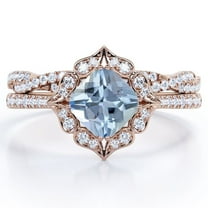 JeenMata Flower Cluster 1.75 Carat Cushion Cut Ocean Blue Created Aquamarine and Moissanite Infinity Pave Bridal Ring Set in 18K Rose Gold Plating over Silver