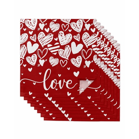 Red Love Valentines Cloth Napkins Washable Set of 8, White Love Heart Reusable Dinner Table Napkins Cloth Bulk for Weddings Kitchen Restaurants Hotel Events Parties 20 x 20 Inch