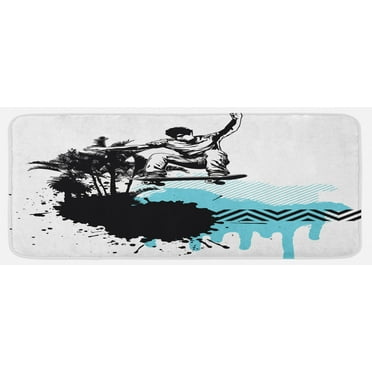 Grunge Kitchen Mat, Young Boy Skater Jumping Exotic Sports Theme Motley Skateboarding Illustration, Plush Decorative Kitchen Mat with Non Slip Backing, 47" X 19", Black Pale Blue, by Ambesonne