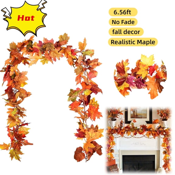 Moocorvic Fall Maple Leaf Garland - 6.56ft Artificial Garland Autumn Hanging Fall Leave Vines for Indoor Outdoor Wedding Thanksgiving Dinner Party Decor