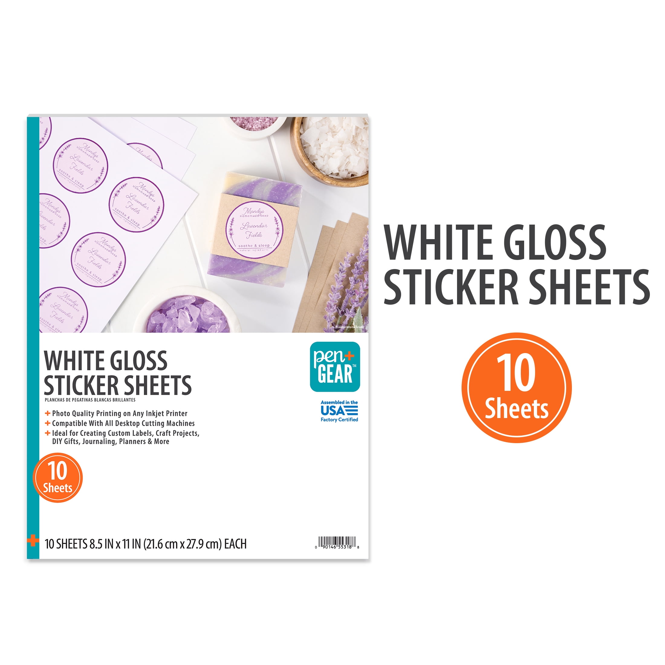 Pen+Gear Gloss Sticker Paper, 10 Sheets, White, 8.5" x 11"