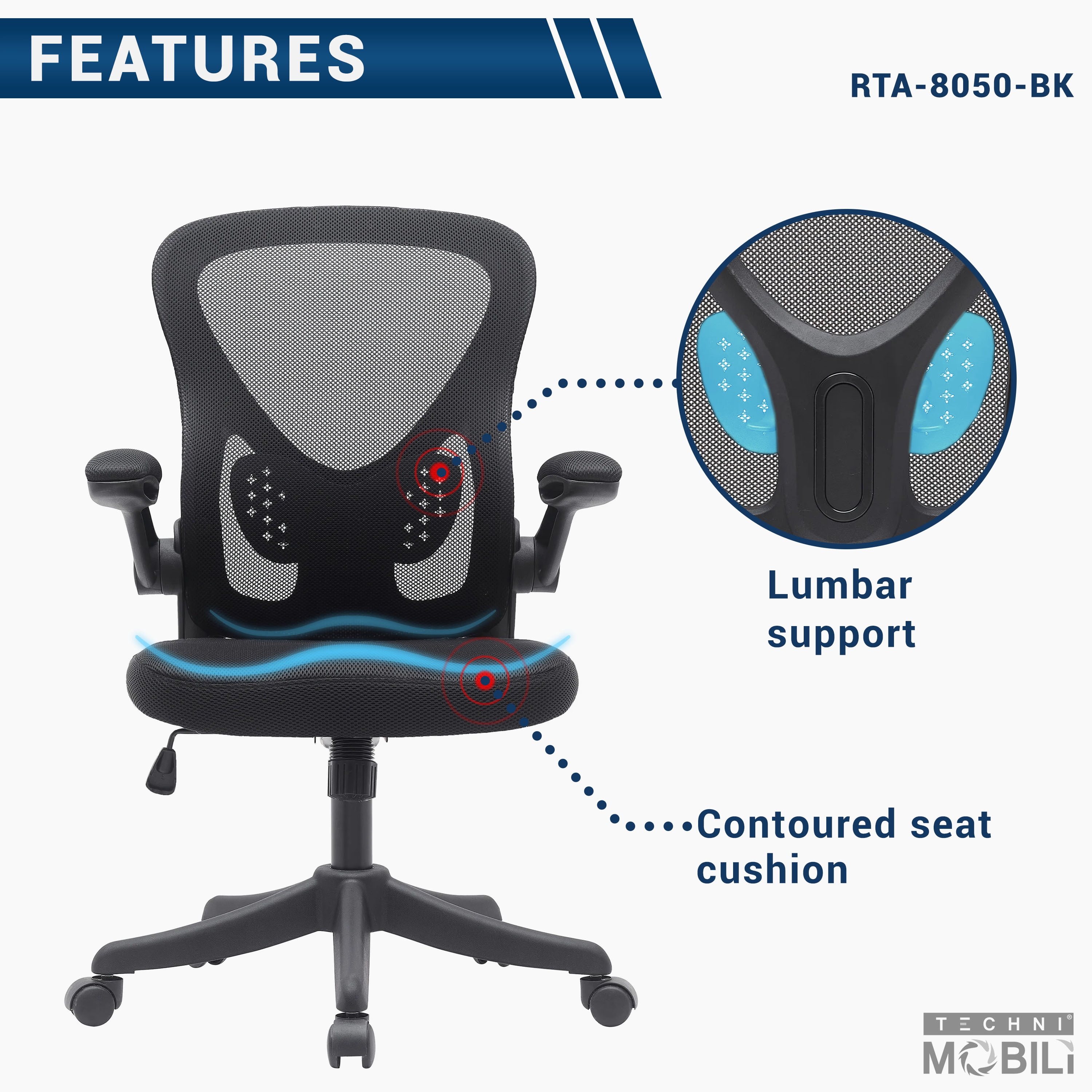 Techni Mobili Black Mesh Office Chair with Lumbar Support and Flip-Up Armrests, RTA-8050-BK