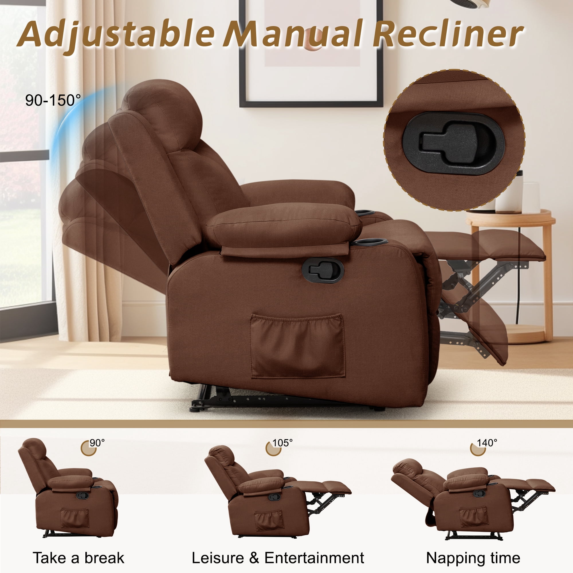 Korser Manual Small Recliner Chair with Fixed Base for Small Spaces Linen Fabric for Living Room,Brown