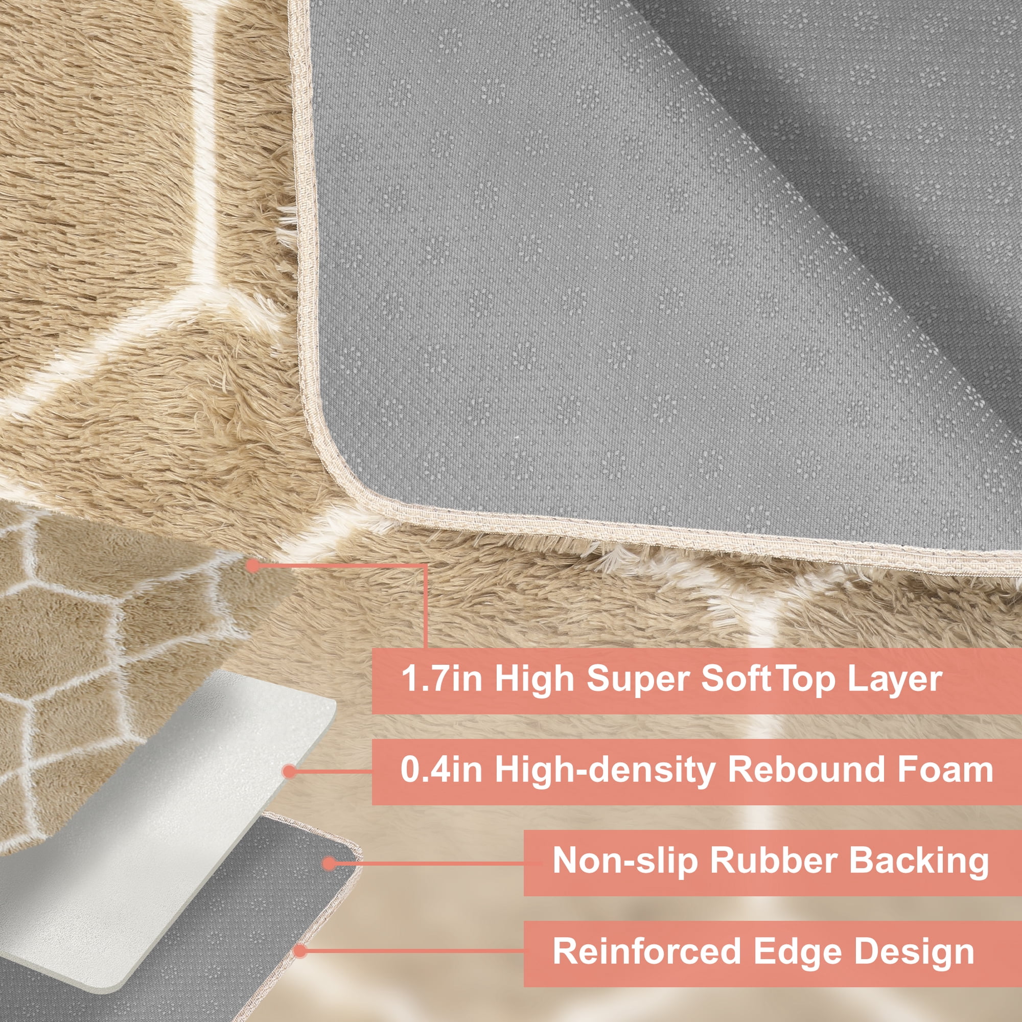 Nefoso Shag Geometric Area Rug, 8ft x 10ft Soft Fluffy Area Rugs for Living Room Bedroom Decor Carpet, Camel & White
