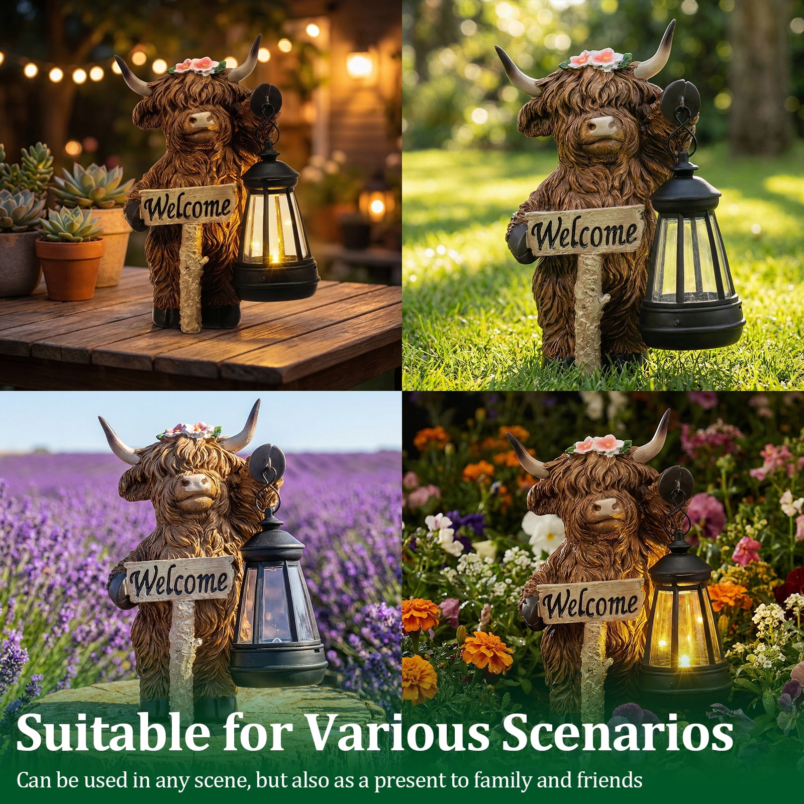 Threns Solar Highland Cow Garden Outdoor Statue,Highland Cow Figurines Sculpture with Light,Patio Balcony Yard for Pasture,Farm Theme Housewarming Gifts for Women Mom