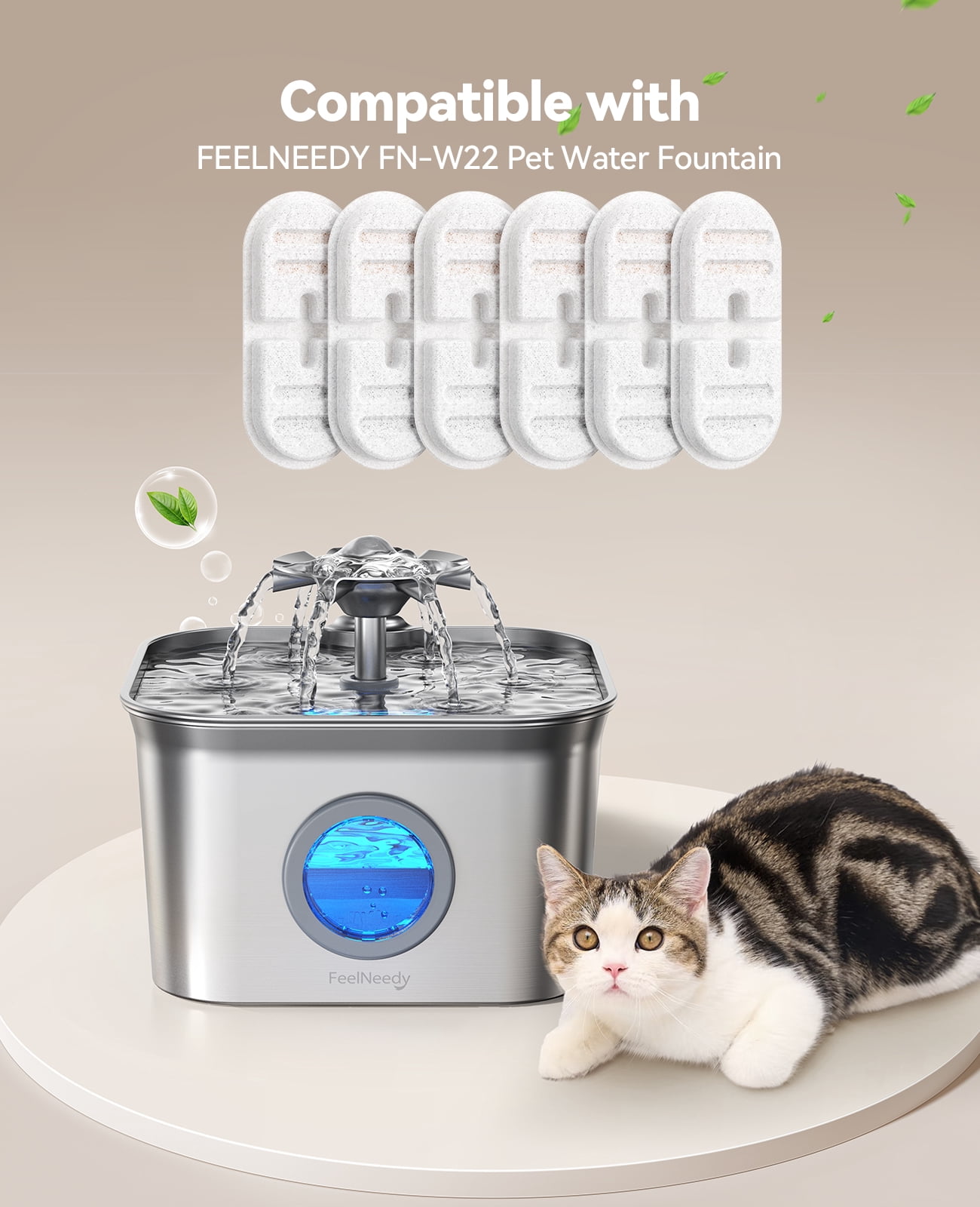 FeelNeedy FN-W22 Stainless Steel Pet Cat Water Fountain Replacement Filters, 6 Pack