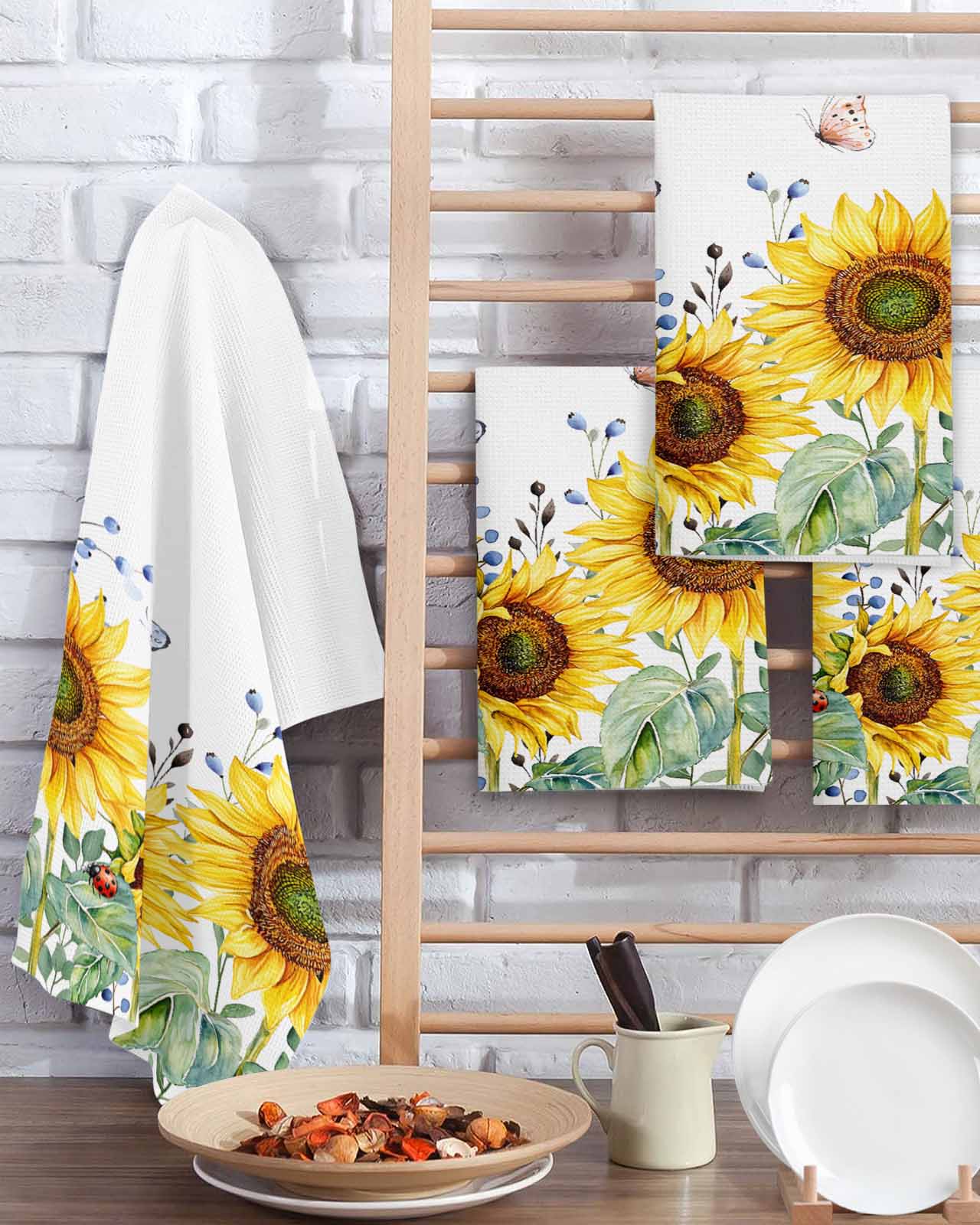 Sunflower Kitchen Dish Towels for Drying Dishes Set of 2, Yellow Floral Summer Botanical Waffle Weave Microfiber Terry Hand Tea Bathroom Towels Quick Dry & Absorbent Towel 15.7x23.6