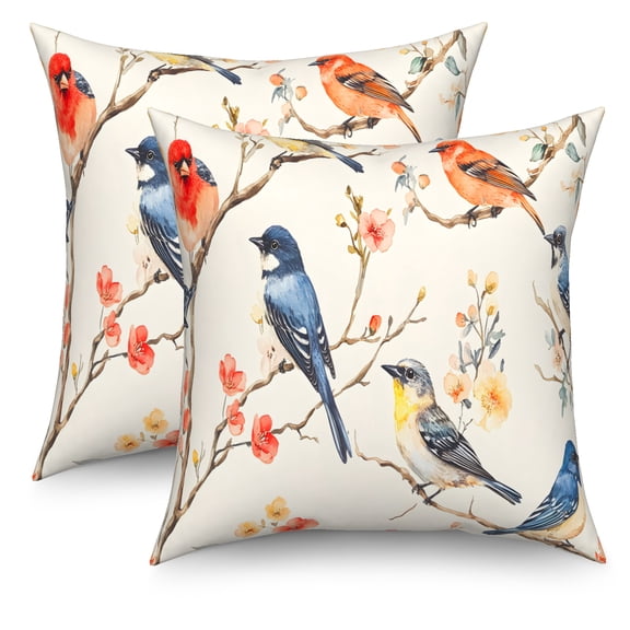 Spring Birds Throw Pillow Covers 18x18 Set of 2,Summer Floral Flowers Pillowcase Cushion Cover for Couch Sofa Bed