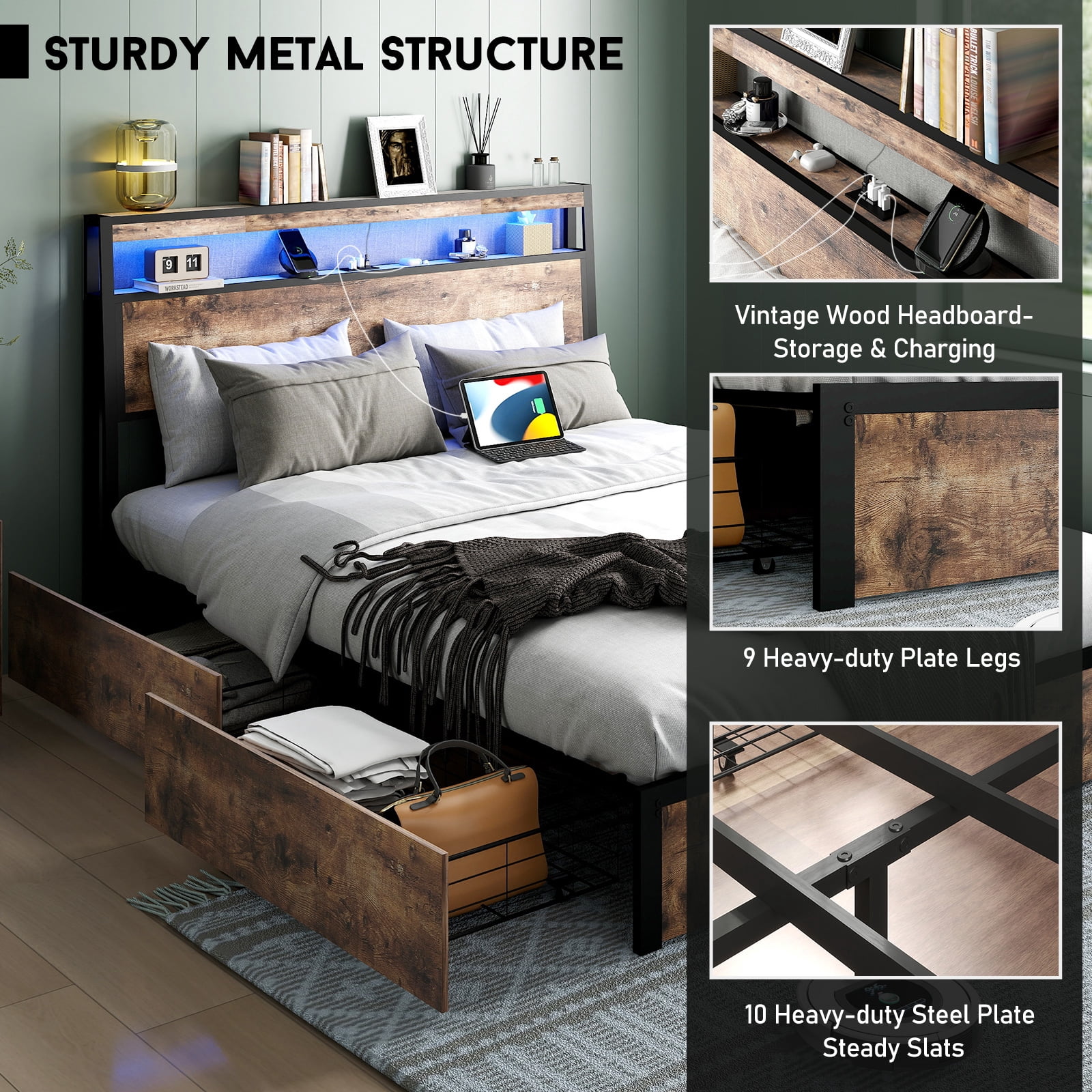 DRNANLIT Full Bed Frame with Storage Headboard and 4 Drawers, Metal Platform Bed Frame with LED Light, Charging Station, No Box Spring Needed, Easy Assembly, Vintage Brown