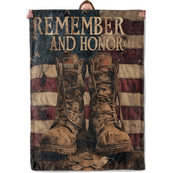 Vintage Military Boots Blanket, Remember and Honor Flannel Blanket Gifts for Men Patriotic, Soft Warm Lightweight Veterans Blankets for Living Room Home Sofa Travel Decor 50" x 60"