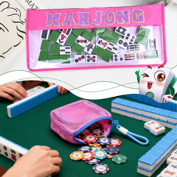 American Mahjong Bag Empty Case with Zipper& Embroidered Letters - Includes Bonus Dice & Mahjong chips bag for Complete Storage, Mahjong Tile Set Case for Tile Lovers (Pink)