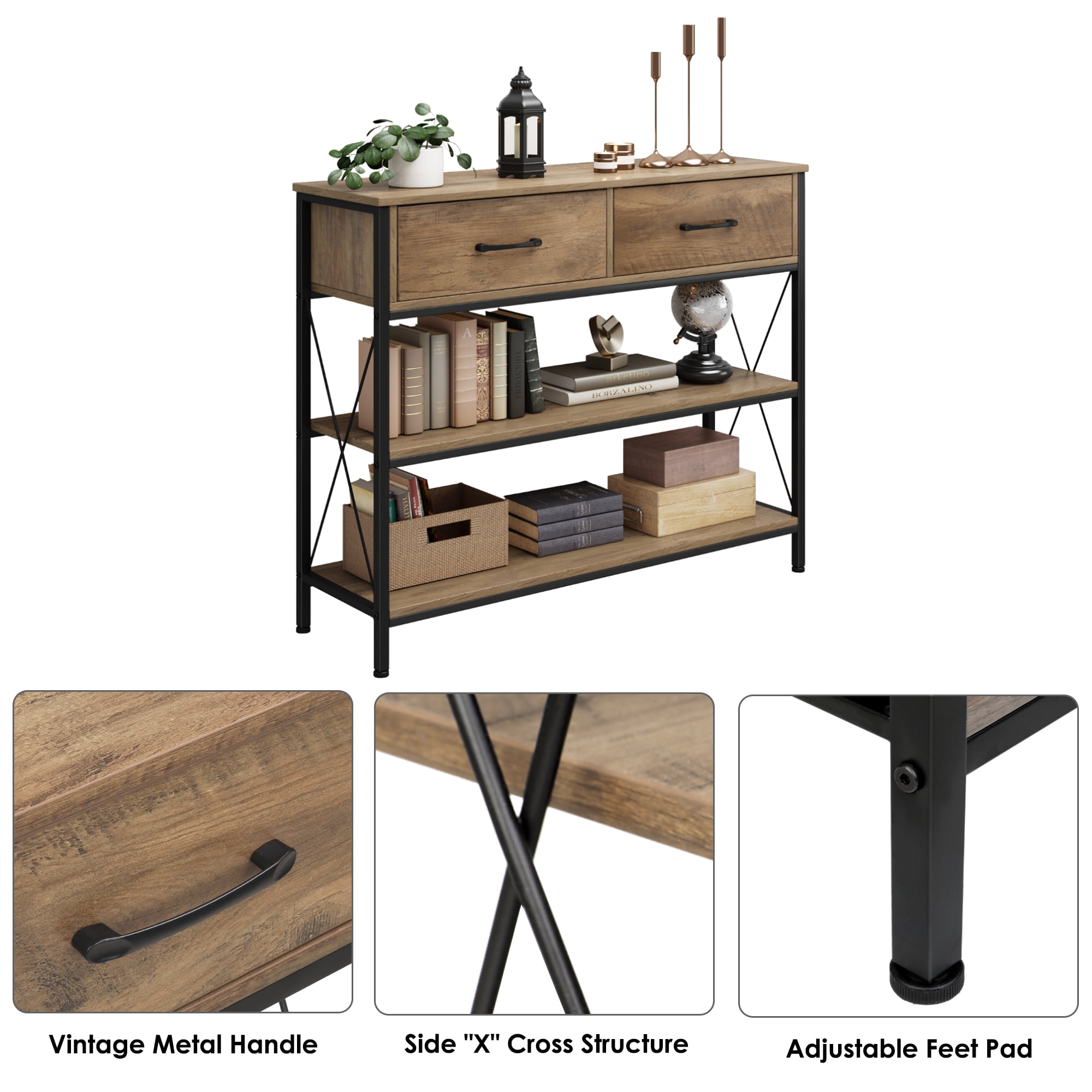 Homfa Console Table with Drawers, 11.8'' Narrow Entryway Table with Storage Shelves, Sofa Table for Living Room, Rustic Brown