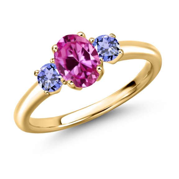 Gem Stone King 18K Yellow Gold Plated Silver Pink Created Sapphire and Blue Tanzanite Engagement Ring for Women | 1.26 Cttw | Oval 7X5MM | Gemstone September Birthstone | Size 6