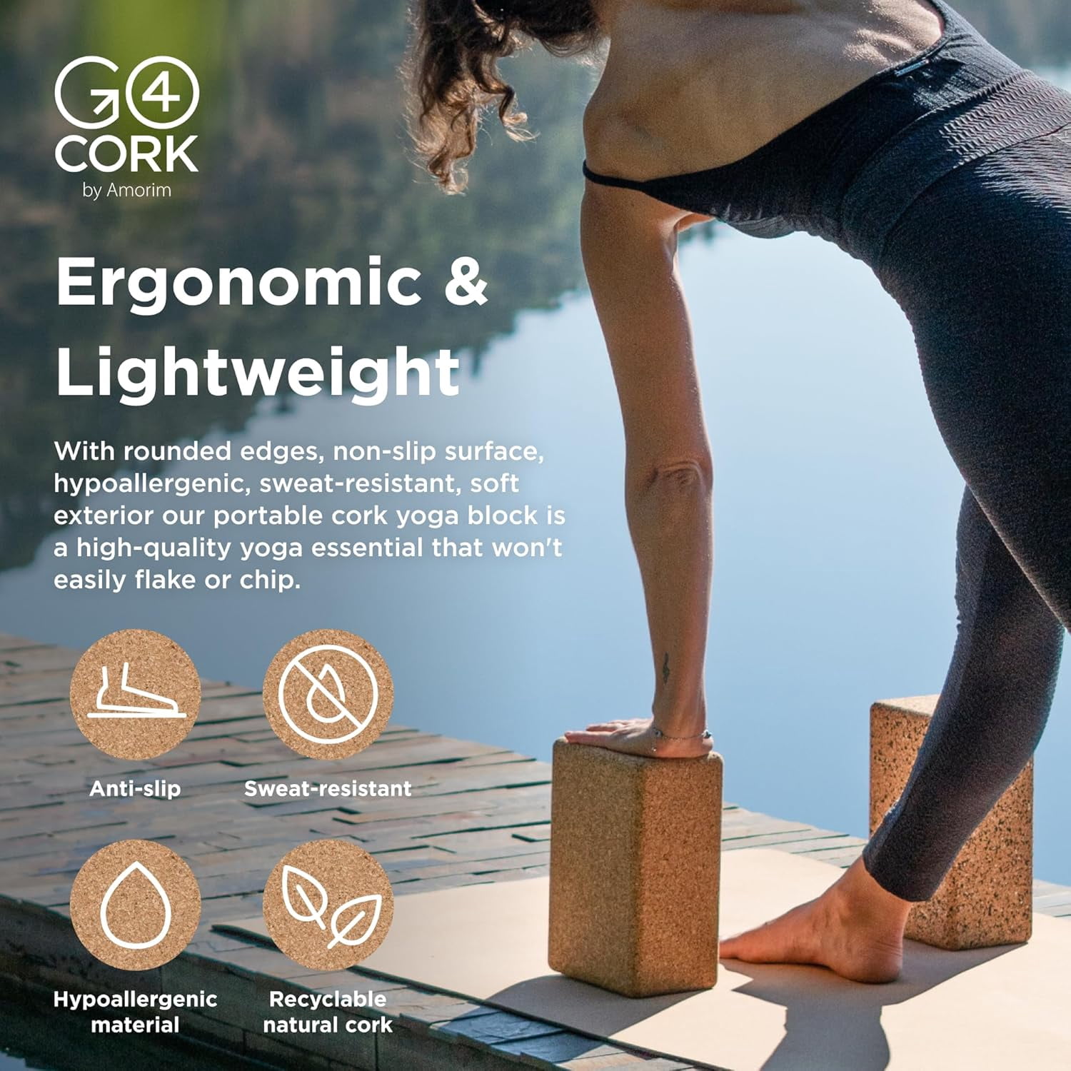 Go4Cork Natural Cork Yoga Block, Non-Slip, Non-Toxic, Lightweight, 9" x 6" x 4"