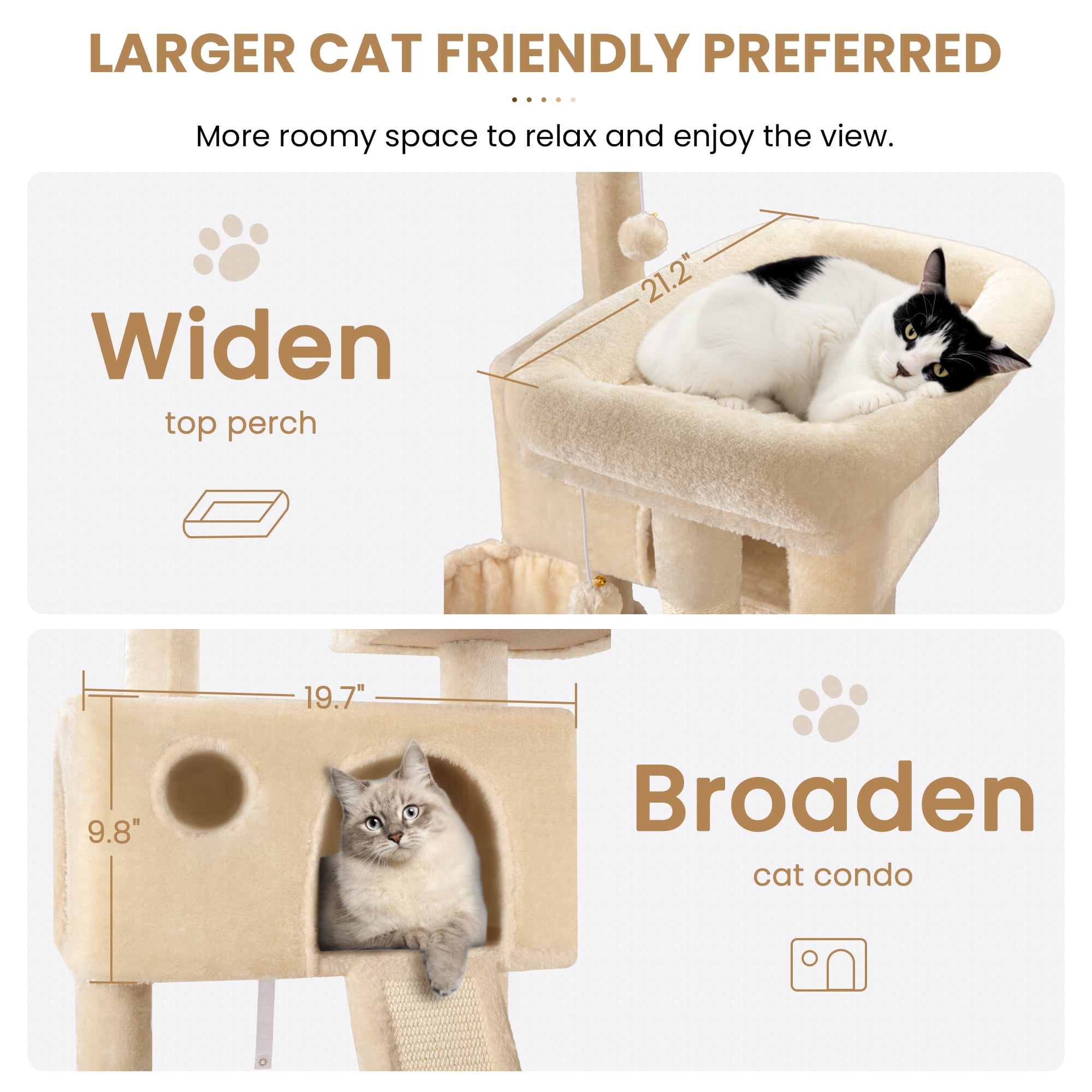 Merrland 65.7 " Large Cat Tree Tower Condo for Cats with 2 Scratching Ramps, Hammock & Scratching Posts, Beige