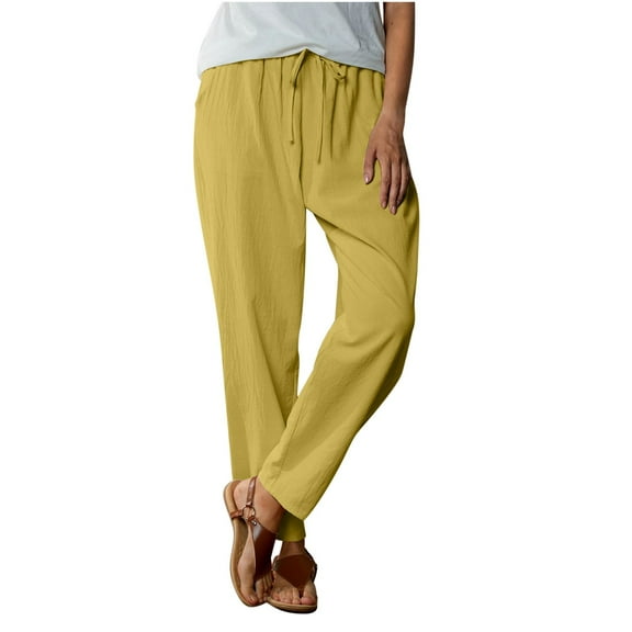 AherBiu Lounge Pants for Women Cotton Linen Lightweight Summer Slacks High Waisted Casual Loose Trousers