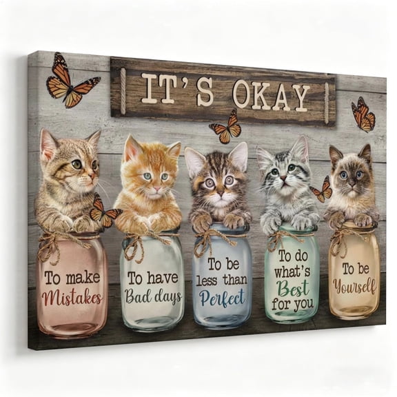 It's Okay Kittens Self-Love Canvas Wall Art, Cute Cat Decor, Inspirational Self-Care Quote Artwork For Bedroom, Nursery, Bathroom, Ready To Hang 8*12inch(20*30cm)