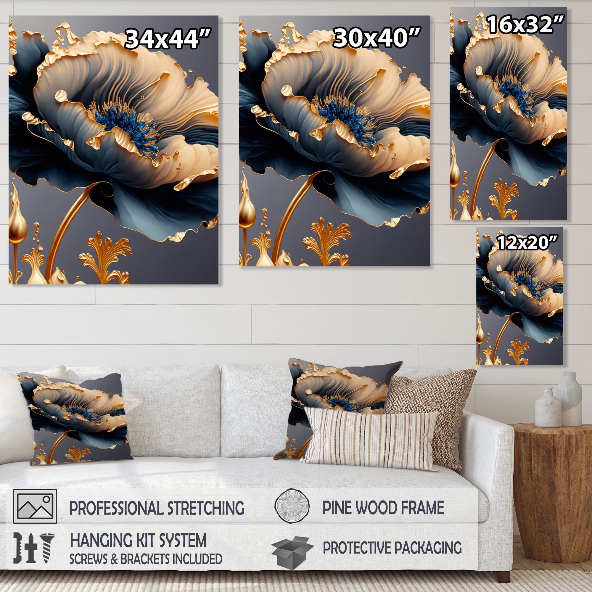 Designart Deep Blue And Gold Single Flower VI Canvas Wall Art