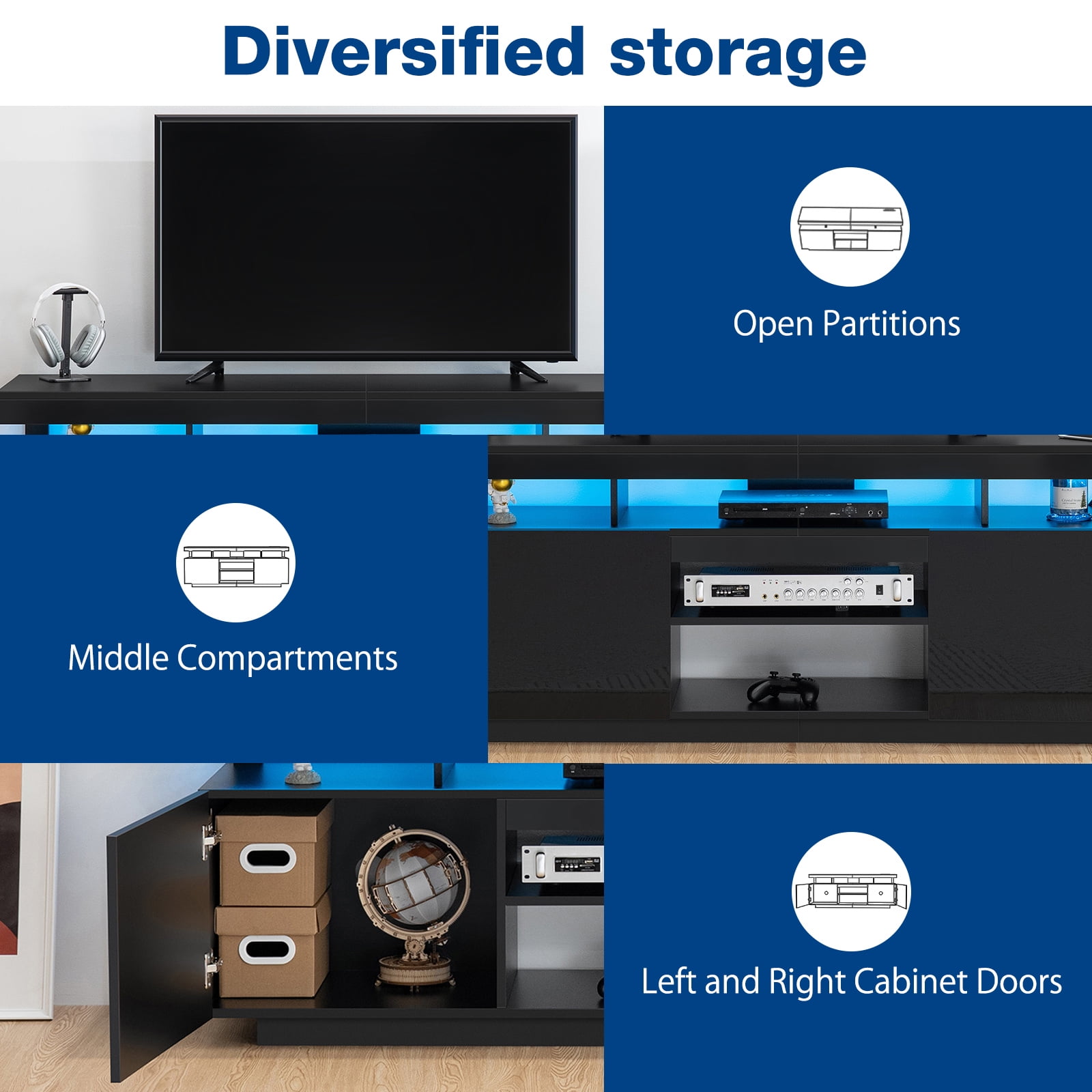 Modern TV Stand for TVs up to 70" with Charing Station & LED Lights Wood TV Cabinet Media Console for PS5 Gaming LED Entertainment Center