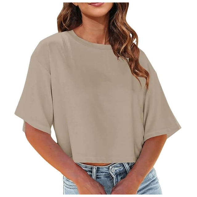 WEIYLL T-Shirts pour Femmes Col Rond Court Uni Manches Courtes Épaule Ample Khaki Tailles TG