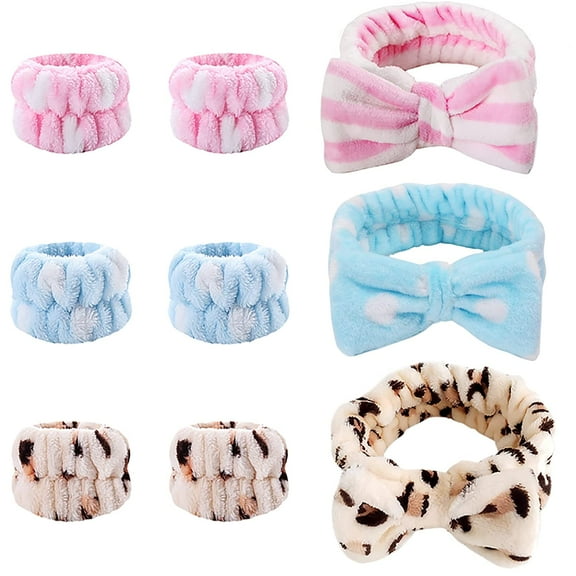YooGuoGuo 9 Pcs Spa Headband Wrist Washband Set, Face Wash Headband Facial Makeup Headband Bow Hair Band, Soft Coral Fleece Elastic Head Wraps Absorbent Wristbands for Women Girls