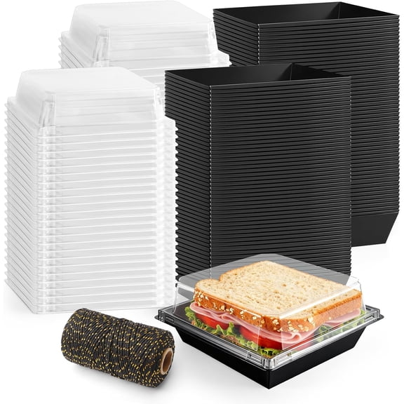 100 Pack Charcuterie Boxes with Clear Lids, 4.7 Inch Bakery Boxes with Rope, Disposable Square Dessert Box, Paper To Go Food Containers for Sandwich Cake Slice Cookies Dessert (Black)