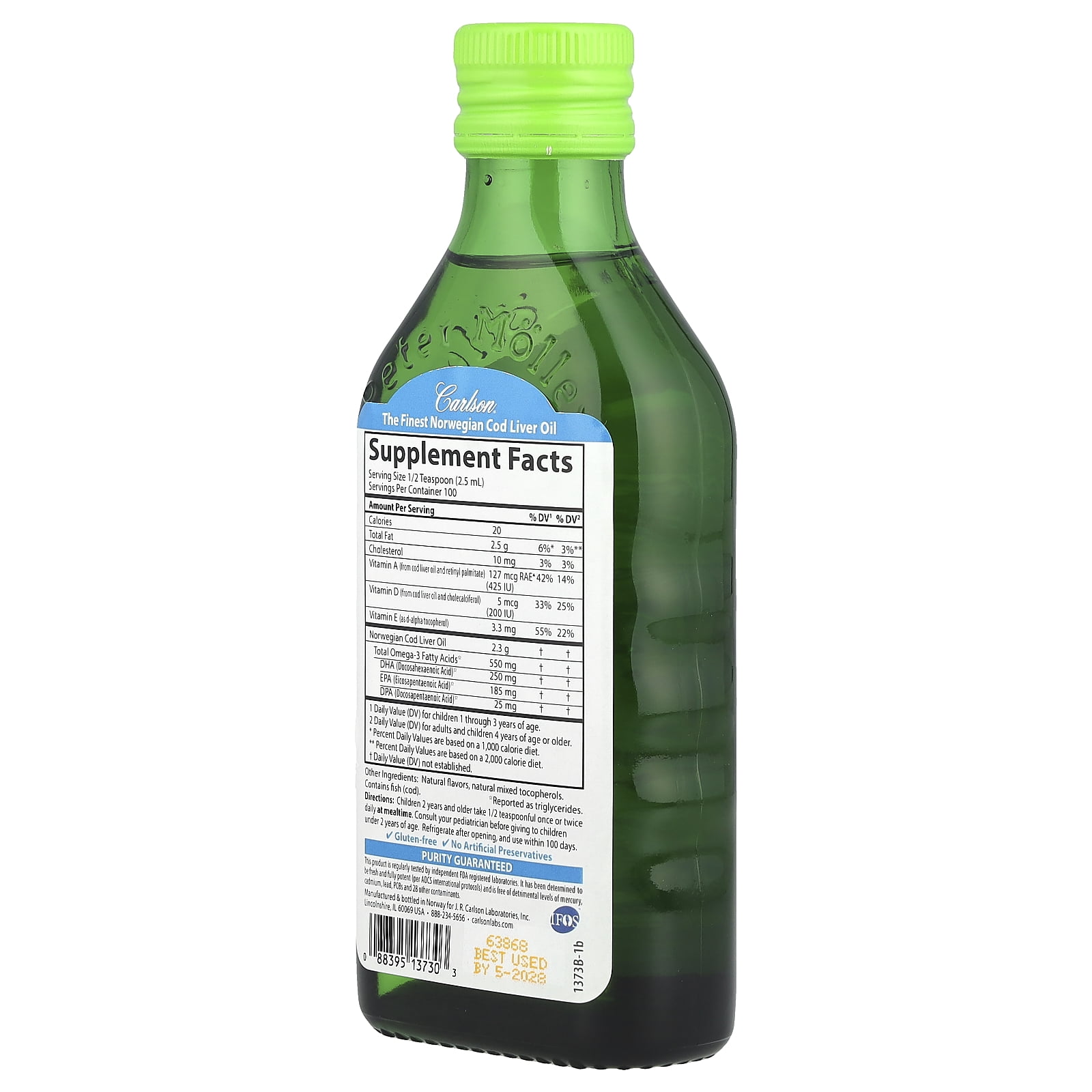 Carlson - Kid's Cod Liver Oil, 550 mg Omega-3s + A & D3, Norwegian, Wild Caught, Sustainably Sourced, Green Apple, 250 mL (8.4 Fl Oz)