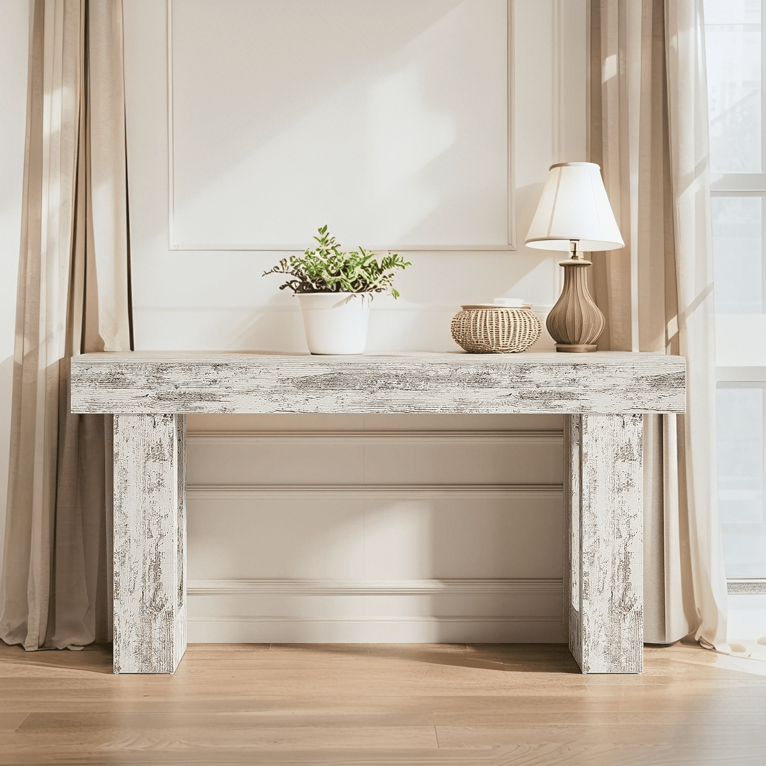 Tribesigns 63-Inch Long Console Table, Farmhouse Entryway Table for Entrance, Hallway, Living Room（Distressed White)