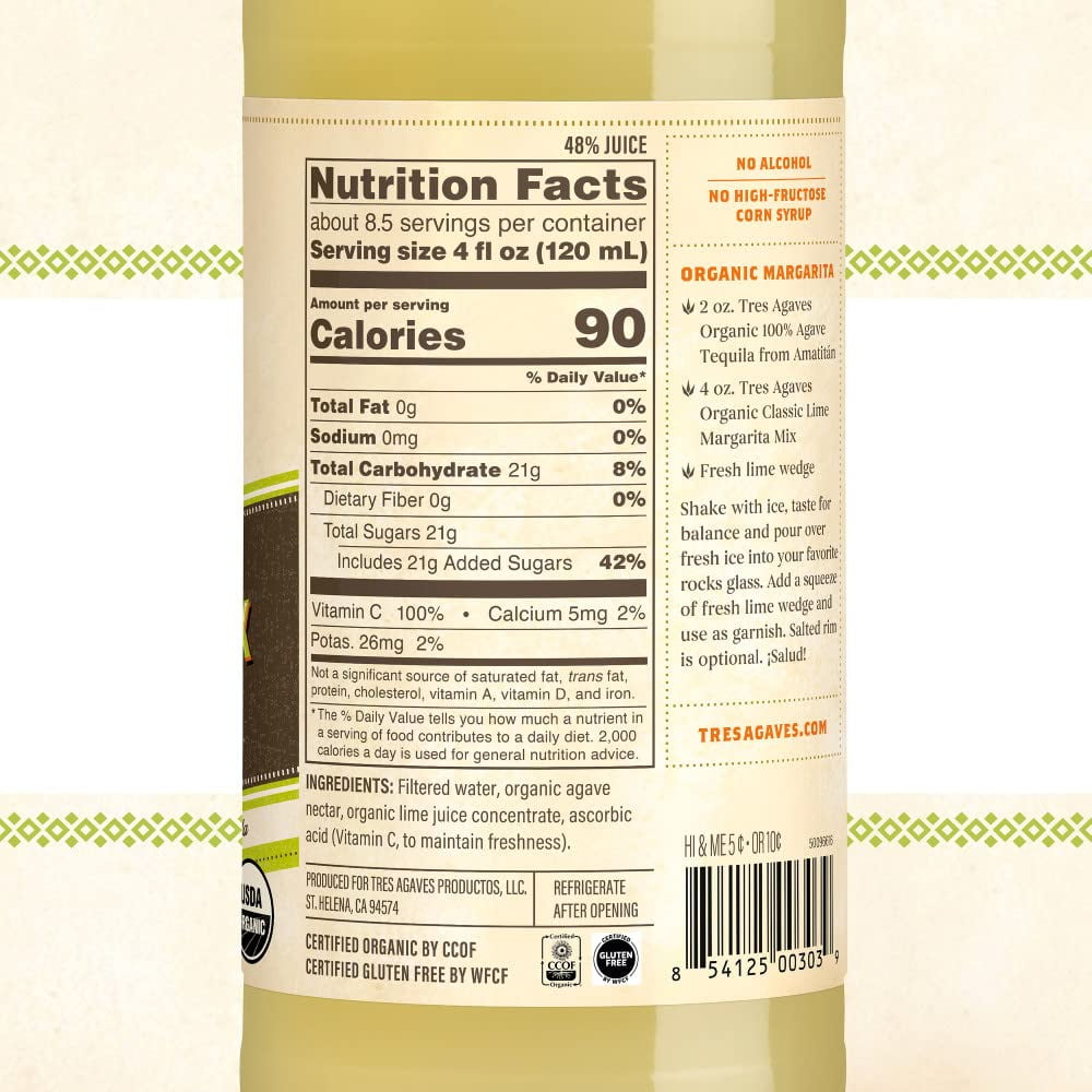 (3 pack) Tres Agaves Organic Non-Alcoholic Lime Margarita Mix, 1 L Bottle
