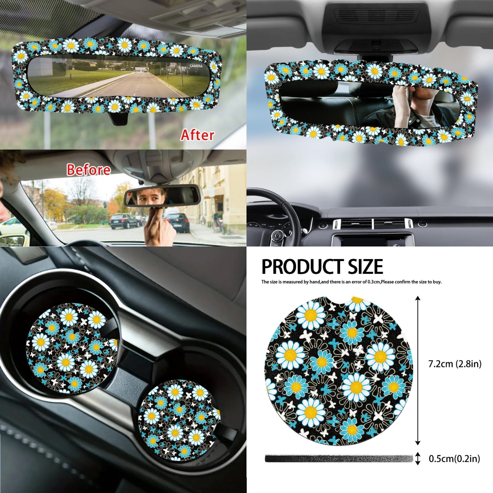 Yuyamidu Blue Daisy Car Seat Covers Full Set Women Steering Wheel Cover Safe Belt Pads Handbrake Cover Set Coasters Garbage Container Rear View Mirror Cover Car Center Console Cover, 14 Pack