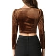 thumbnail image 3 of Unique Bargains Crop Velvet Top for Women Casual Square Neck Long Sleeve Blouse Brown S, 3 of 6